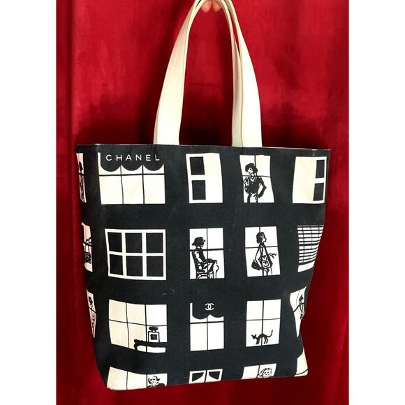 Auth Chanel Icons CC Large Canvas Window Tote Beach Resort Summer Vintage - Picture 1 of 16
